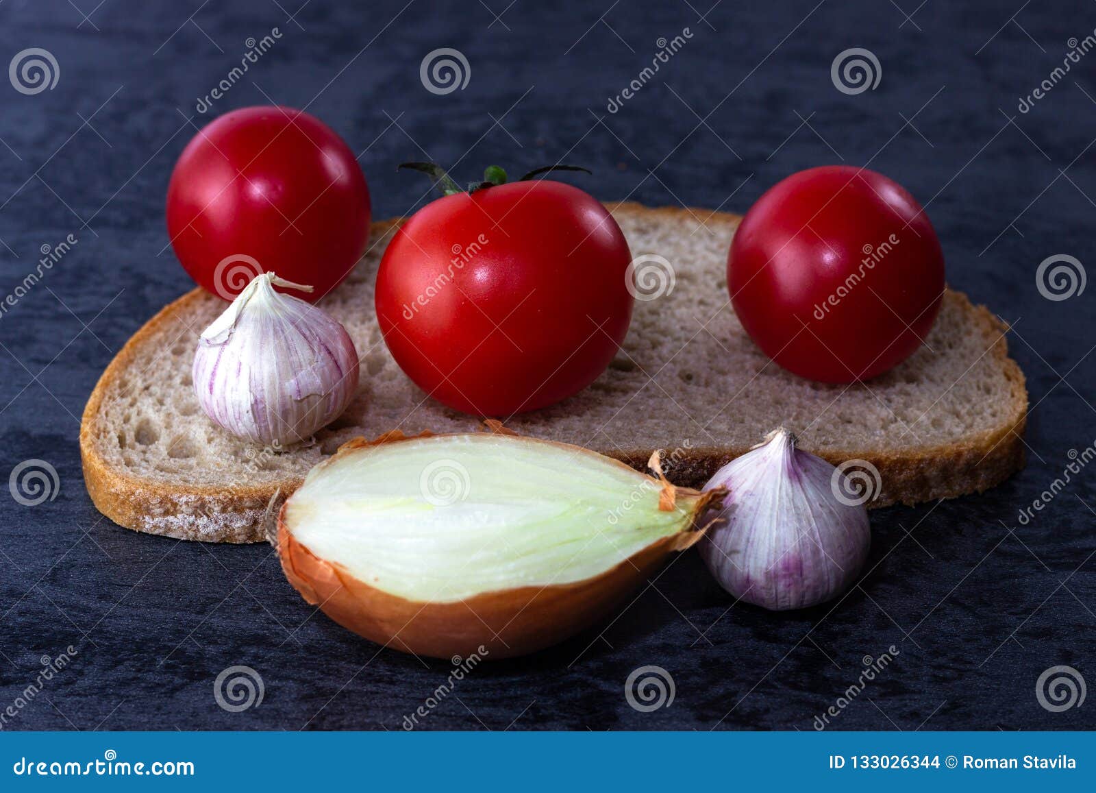 Sliced Bread, Onion, Garlic and Tomatoes, Stock Photo Image of