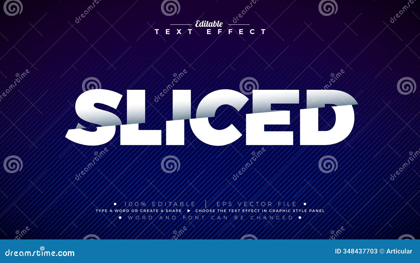 sliced 3d text effect  editable and scalable  graphic style effect with cutting lettering on blue background