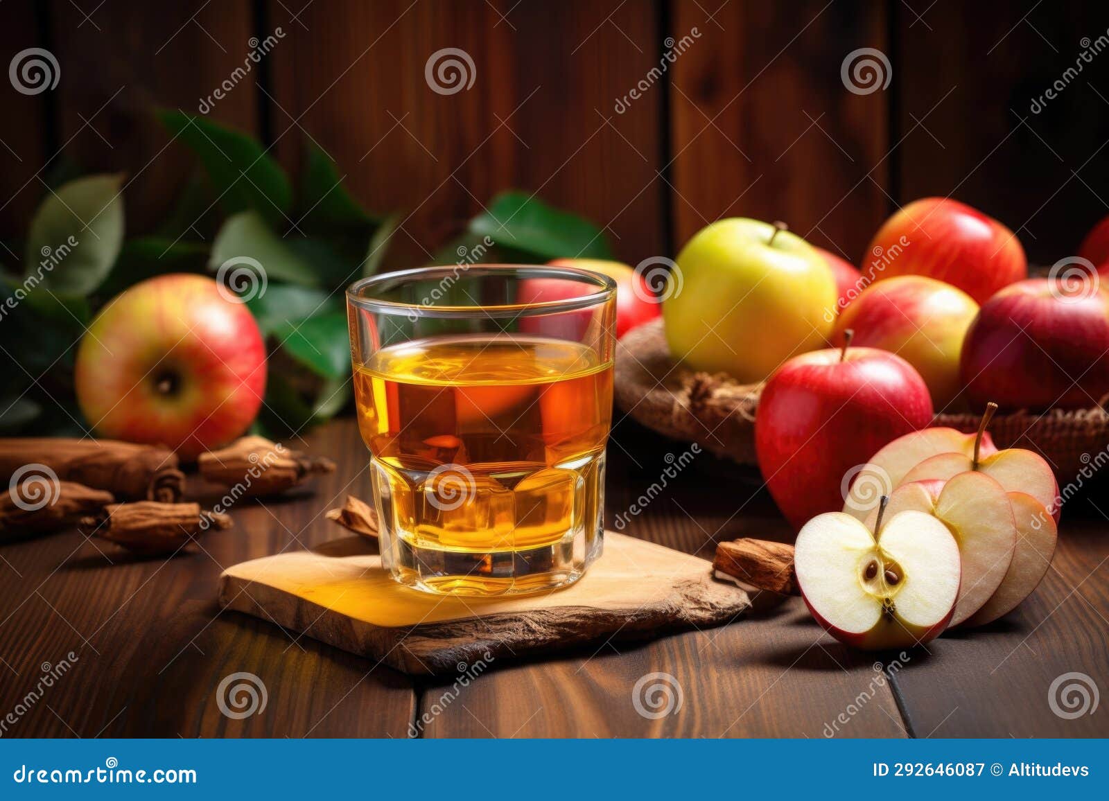 Sliced Fresh Apples and Apple Cider on an Oak Table Stock Image Image