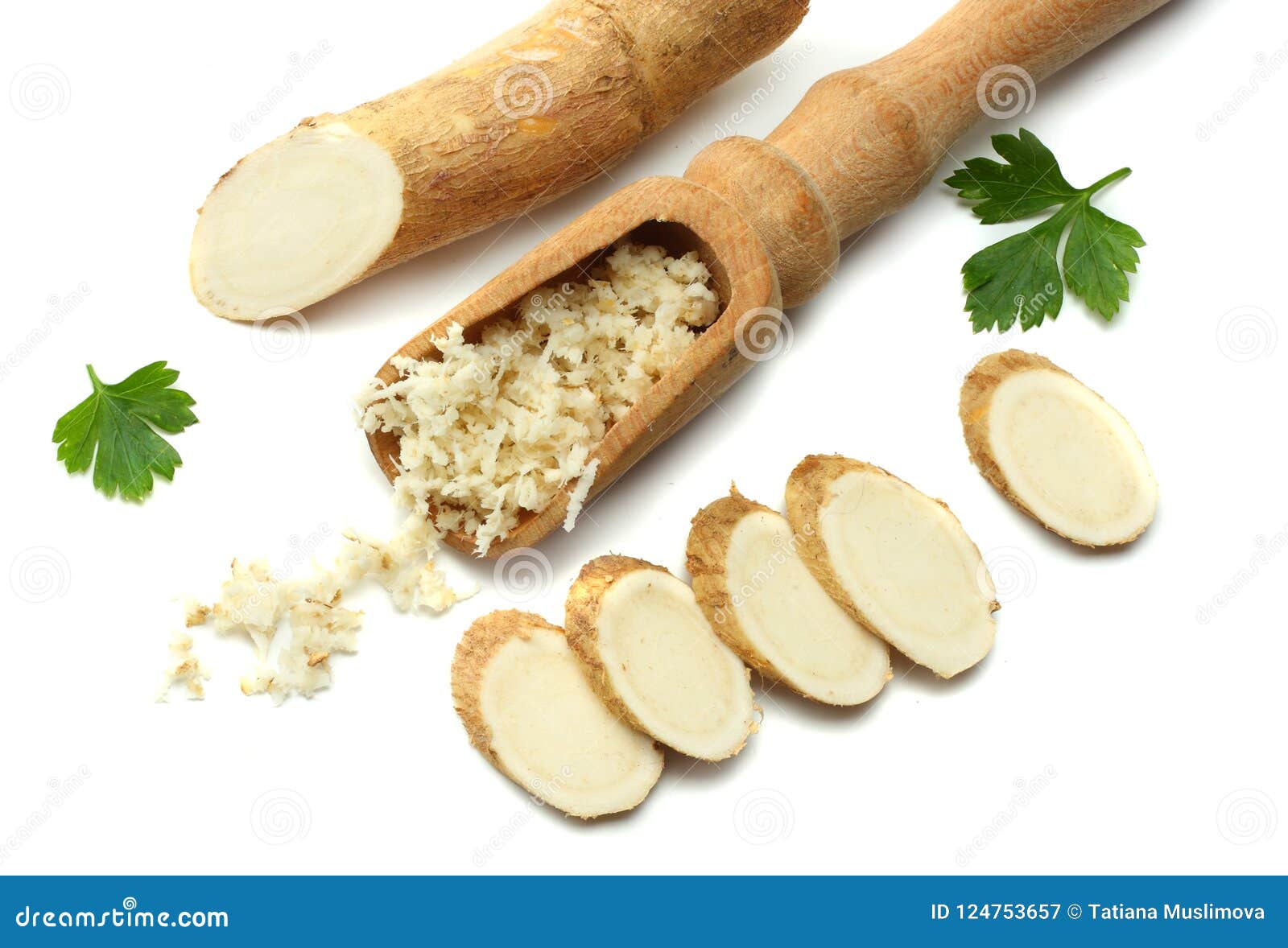 Sliced Horseradish Root with Parsley Isolated on White Background Stock