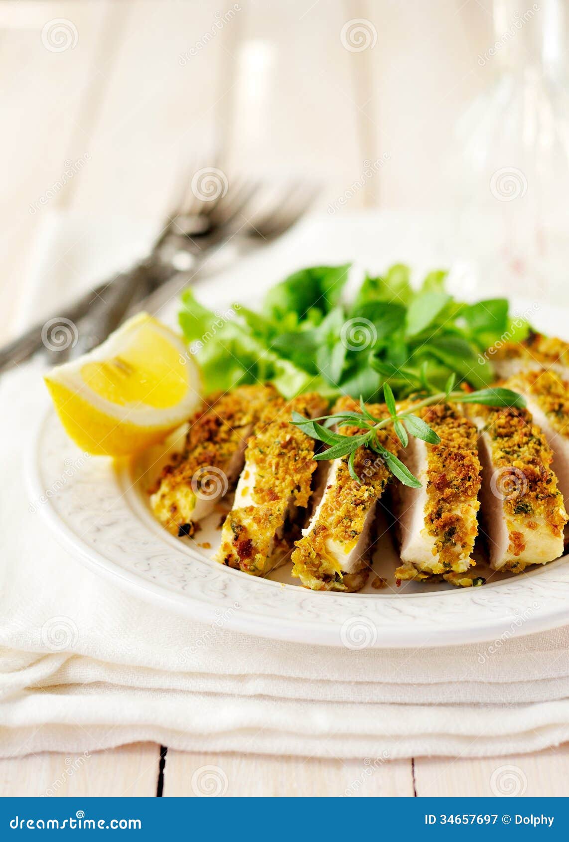 Sliced Lemon Herb Crusted Chicken Breast, Copy Space for Your Text