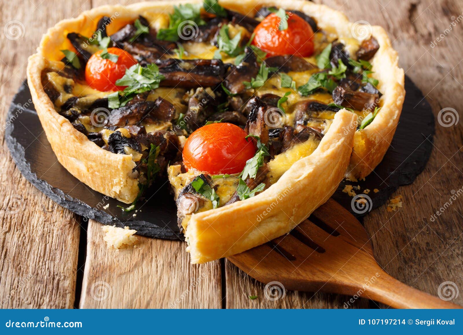 Sliced Mushroom Tart with Cheese and Tomatoes Close-up. Horizontal ...