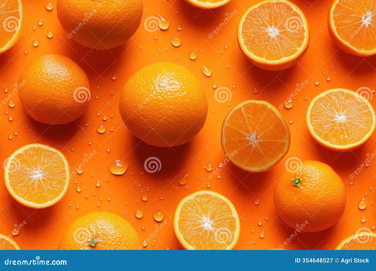 sliced oranges and water drops on an orange background