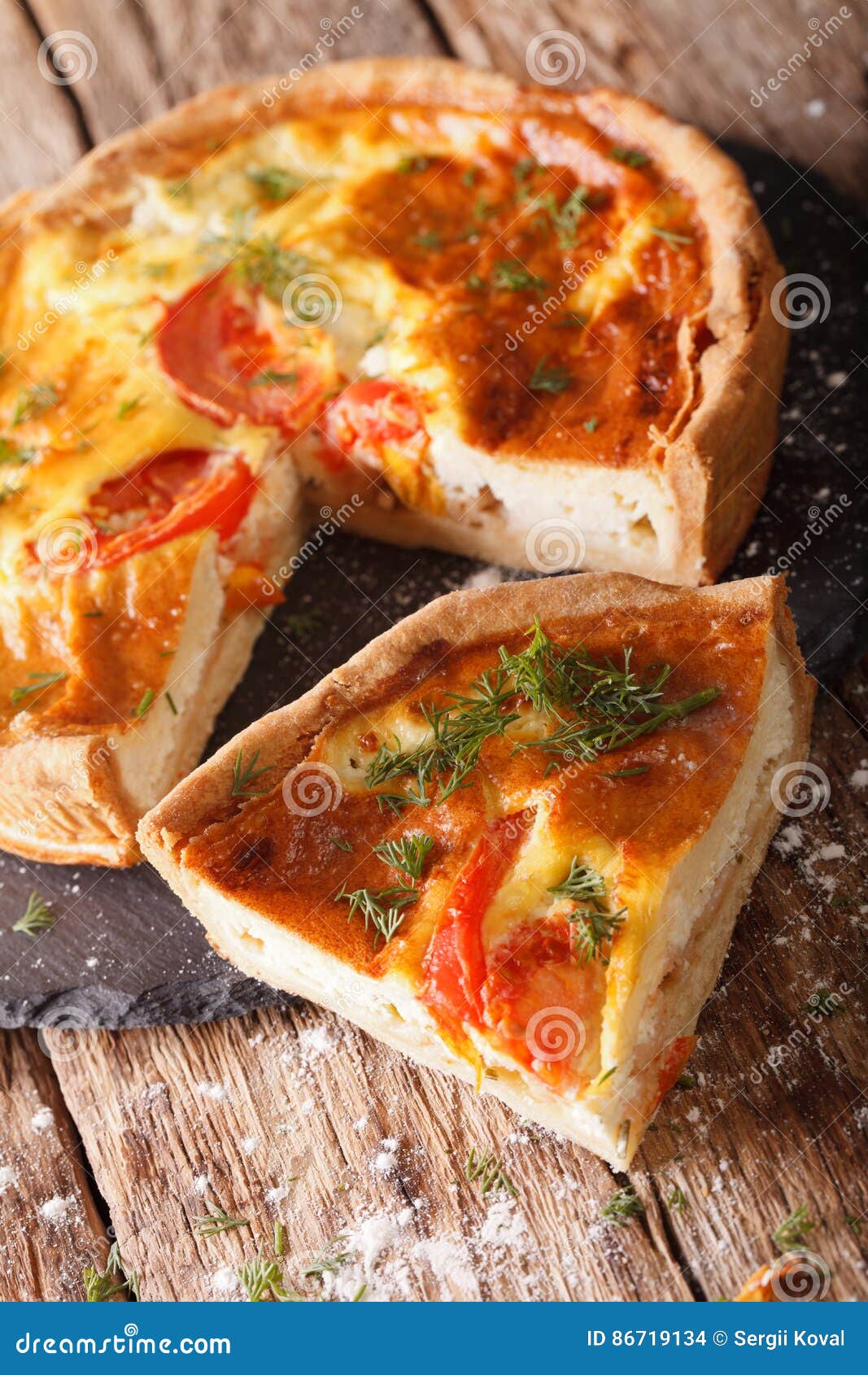 Sliced Pie with Cream Cheese, Tomatoes and Herbs Closeup. Horizontal ...