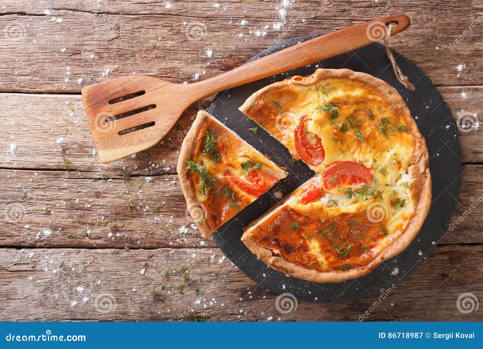 Sliced Pie with Cream Cheese, Tomatoes and Herbs Closeup. Horizontal ...