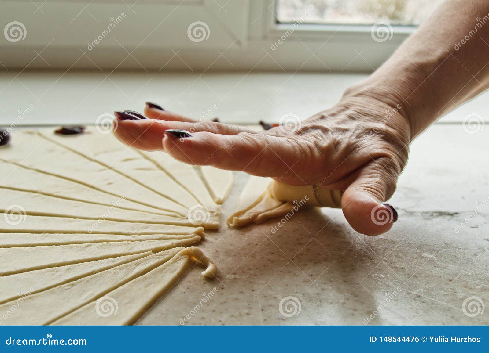 Sliced Raw Mixed Dough With Berries Lies On The Baking Tray Cooking Baking Dish Women S Hands Roll The Dough On A Bagel Stock Photo Image Of Ingredients Nutrition