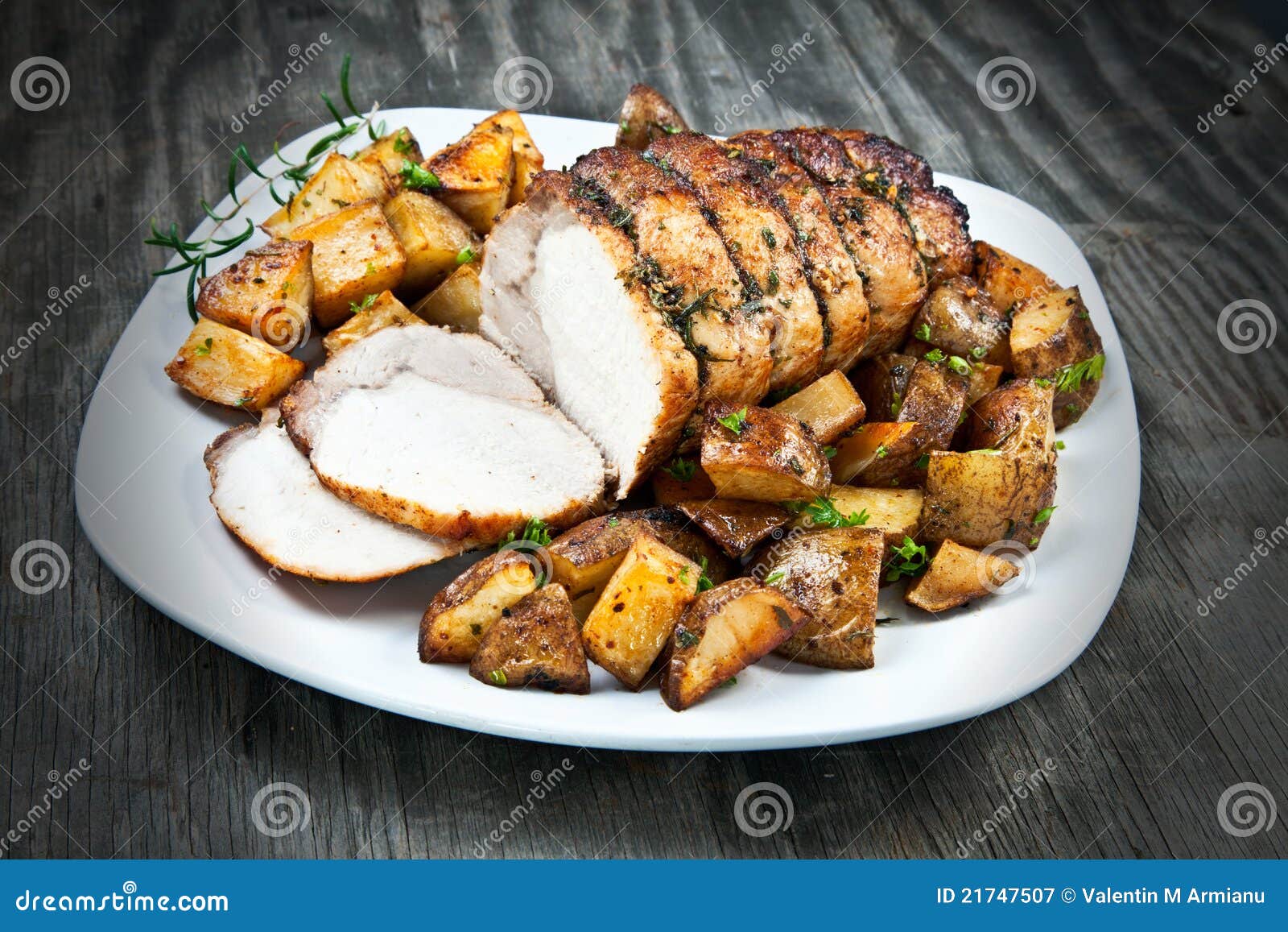 sliced roast pork loin on a platter