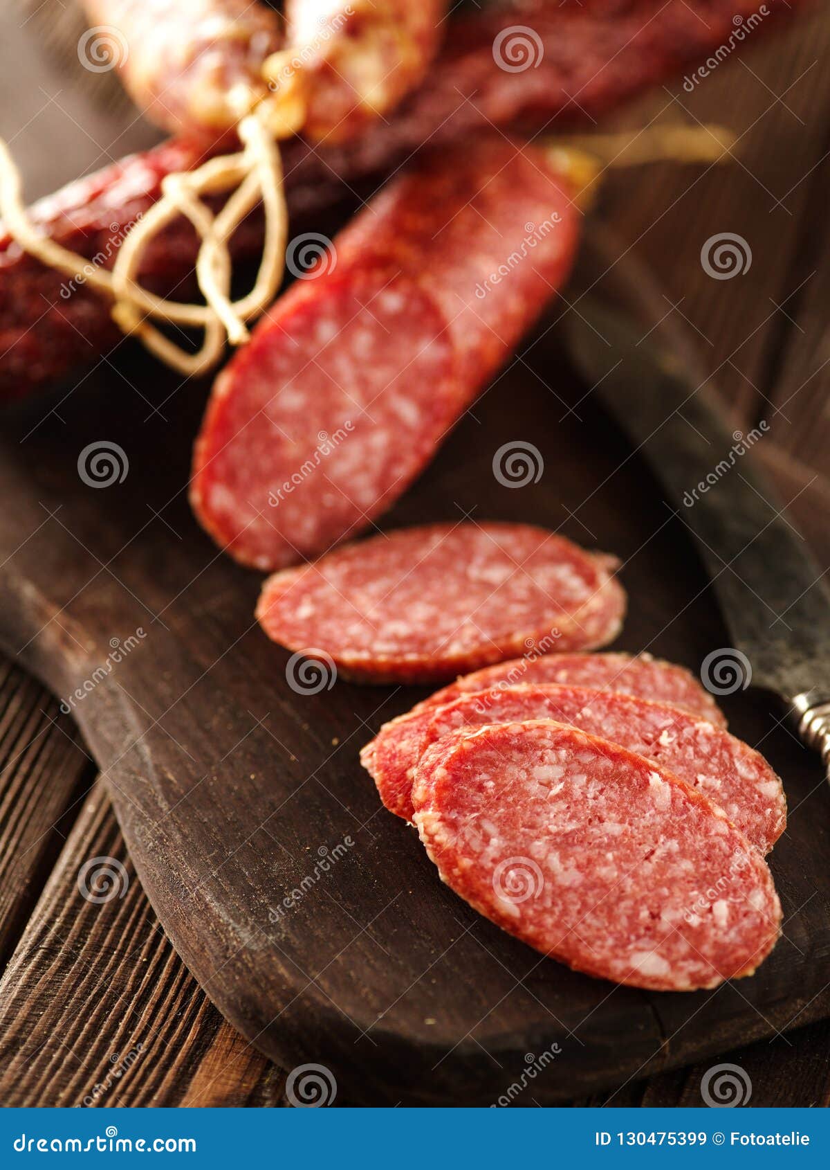 Sliced Salami on Cutting Board Stock Image Image of italian, beef 130475399