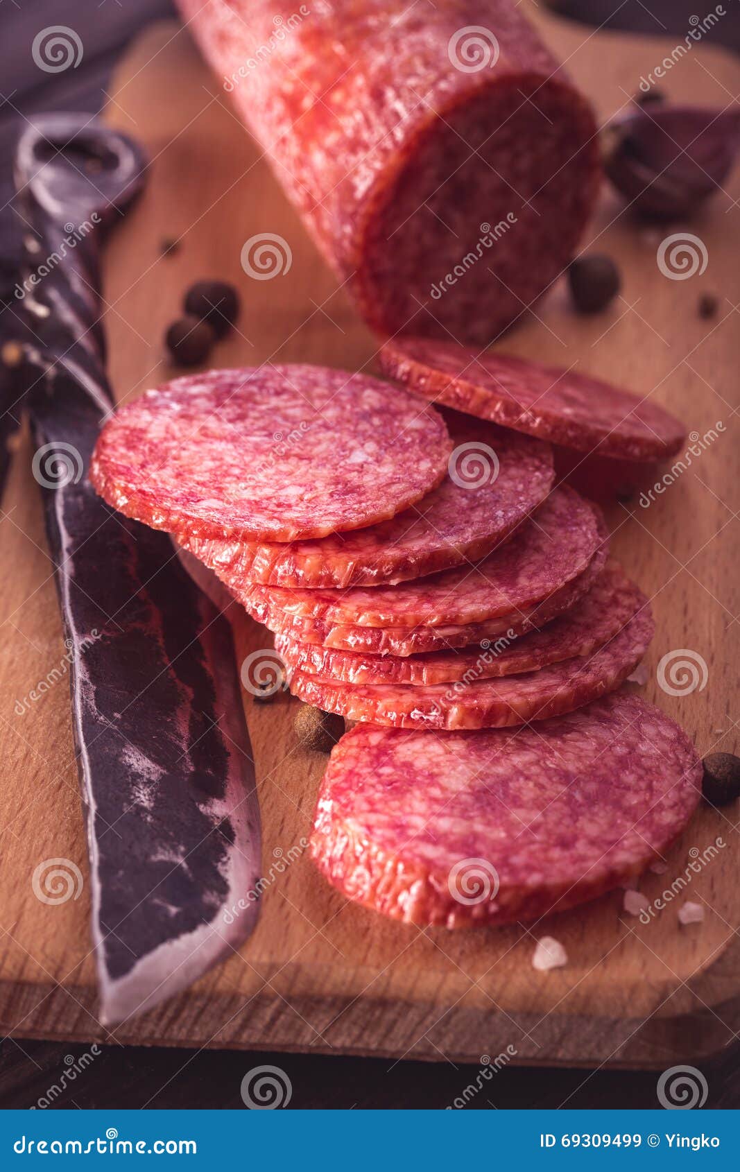 Sliced Salami on Cutting Board Closeup Stock Image Image of garlic, spiced 69309499