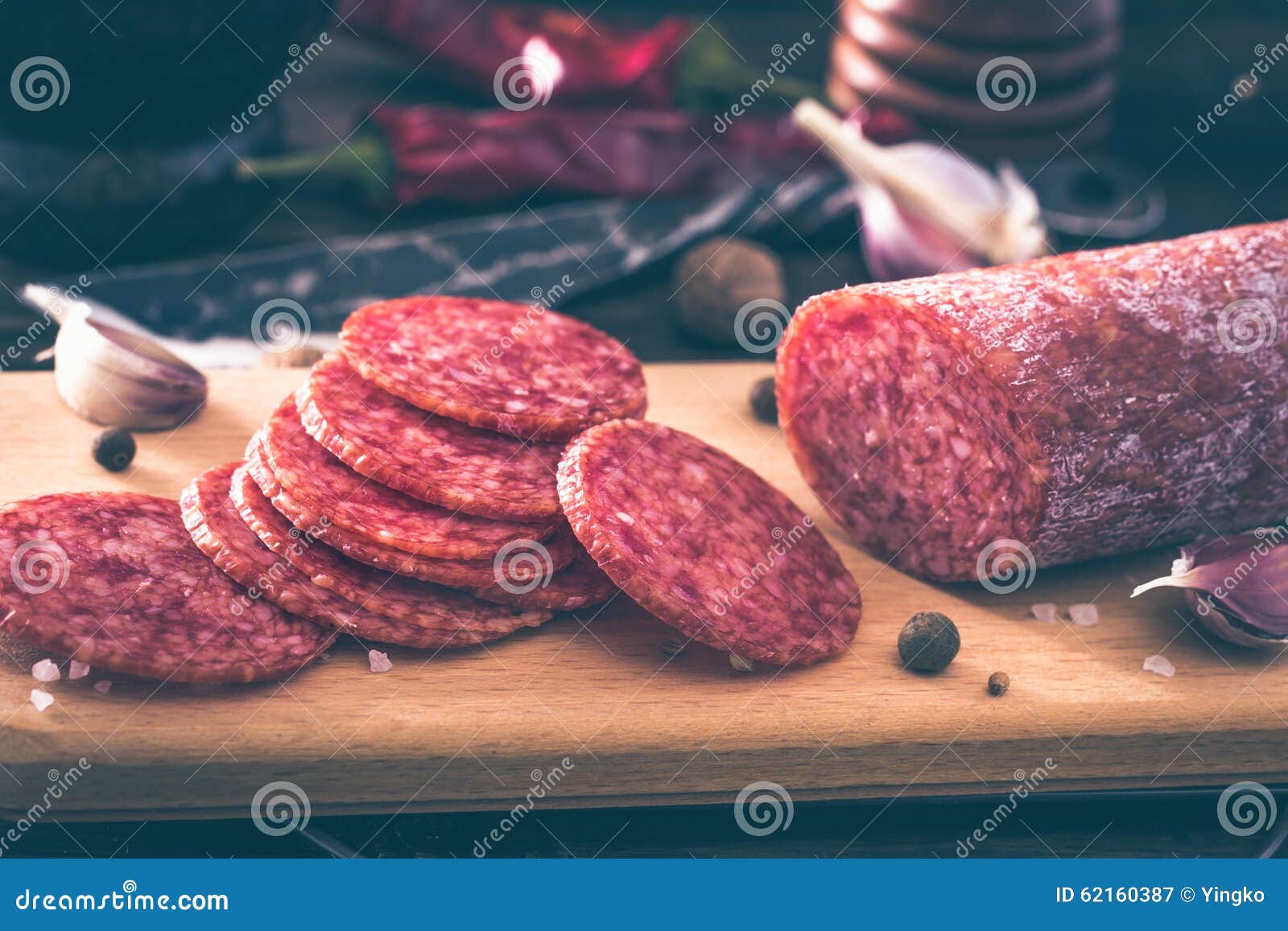 Sliced Salami on Cutting Board Stock Image Image of food, smoked 62160387