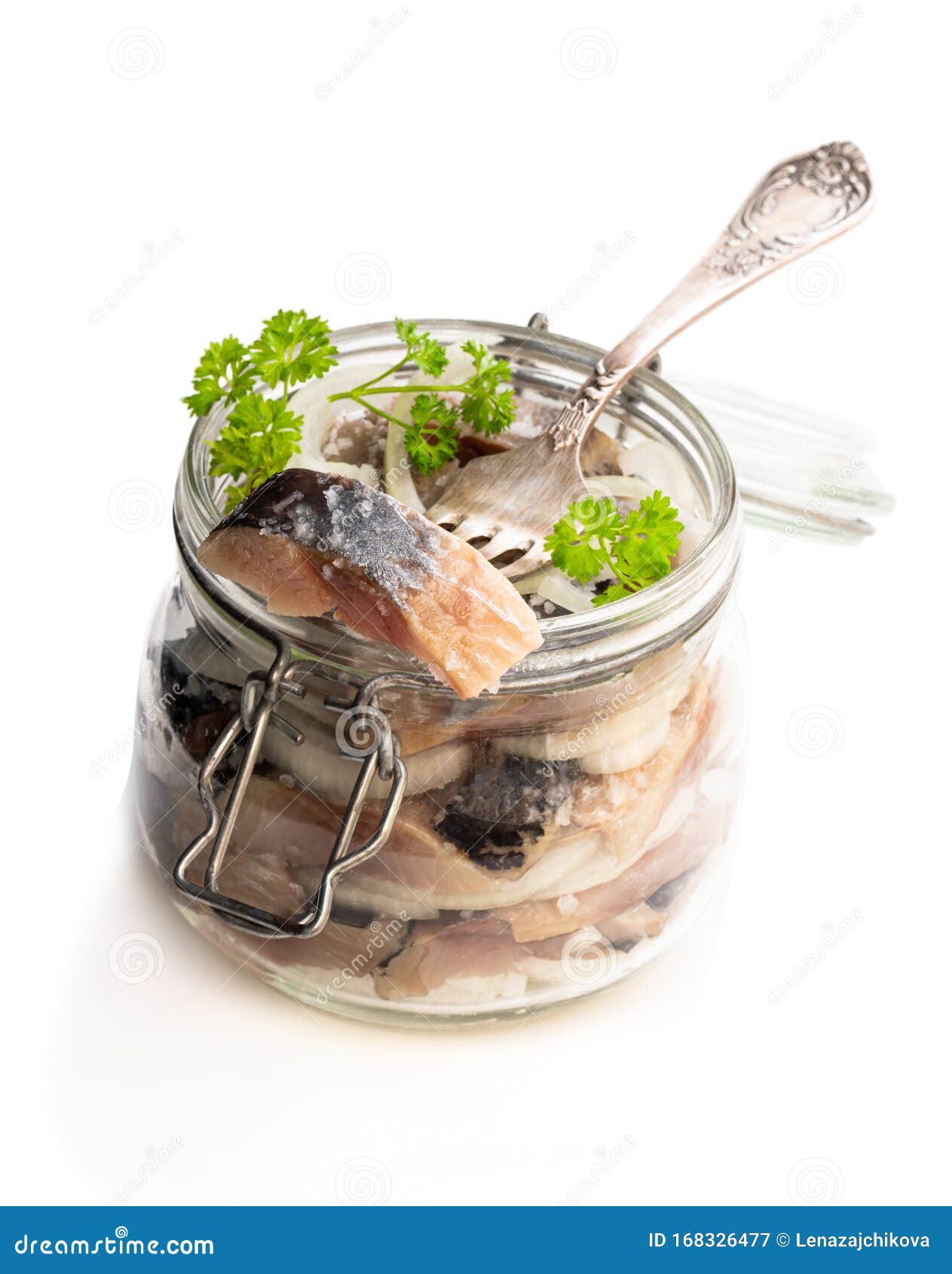 Sliced Salted Herring in Glass Jar Isolated on White Stock Image