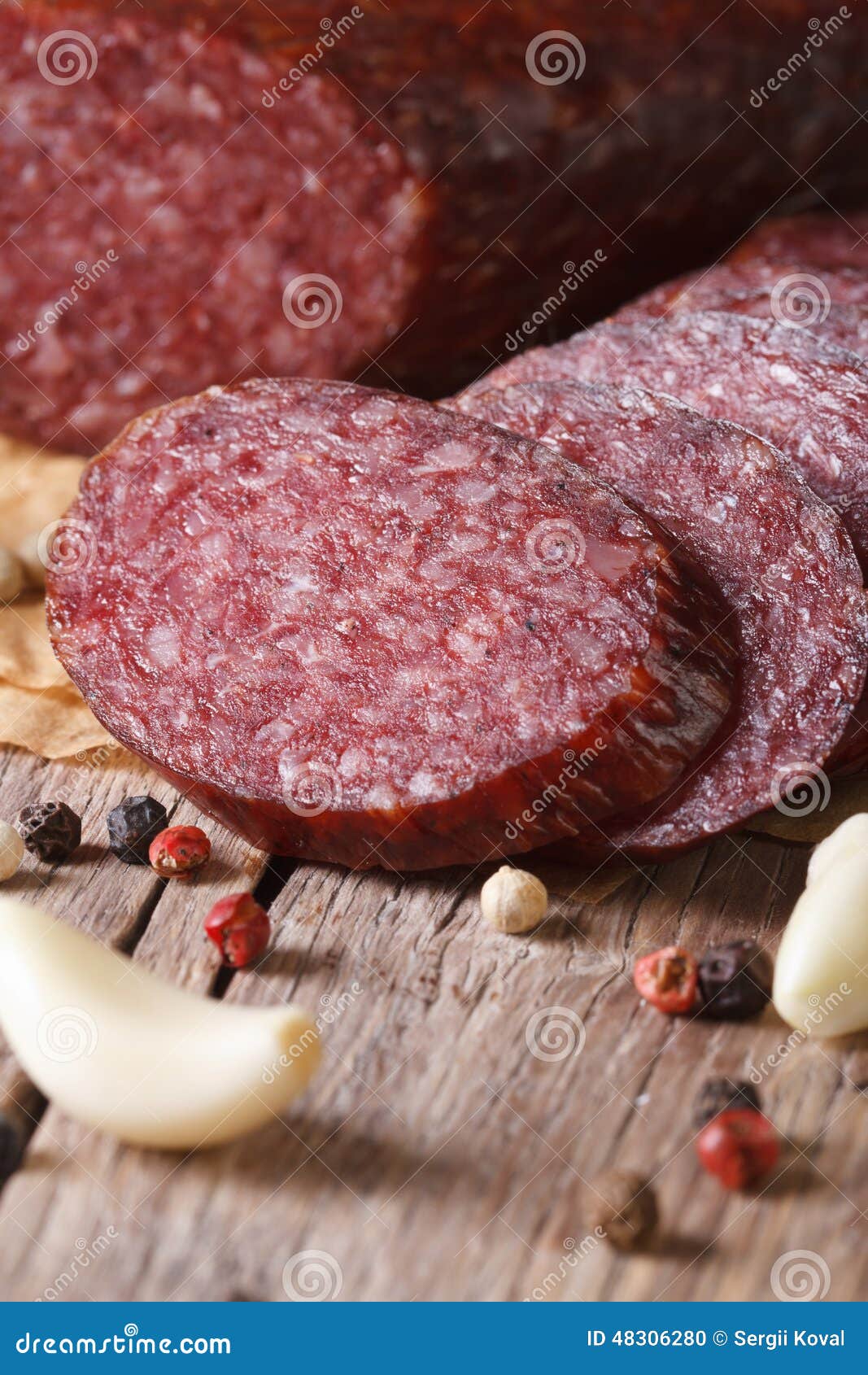 Sliced Smoked Sausage with Spices Vertical Macro Stock Photo Image of