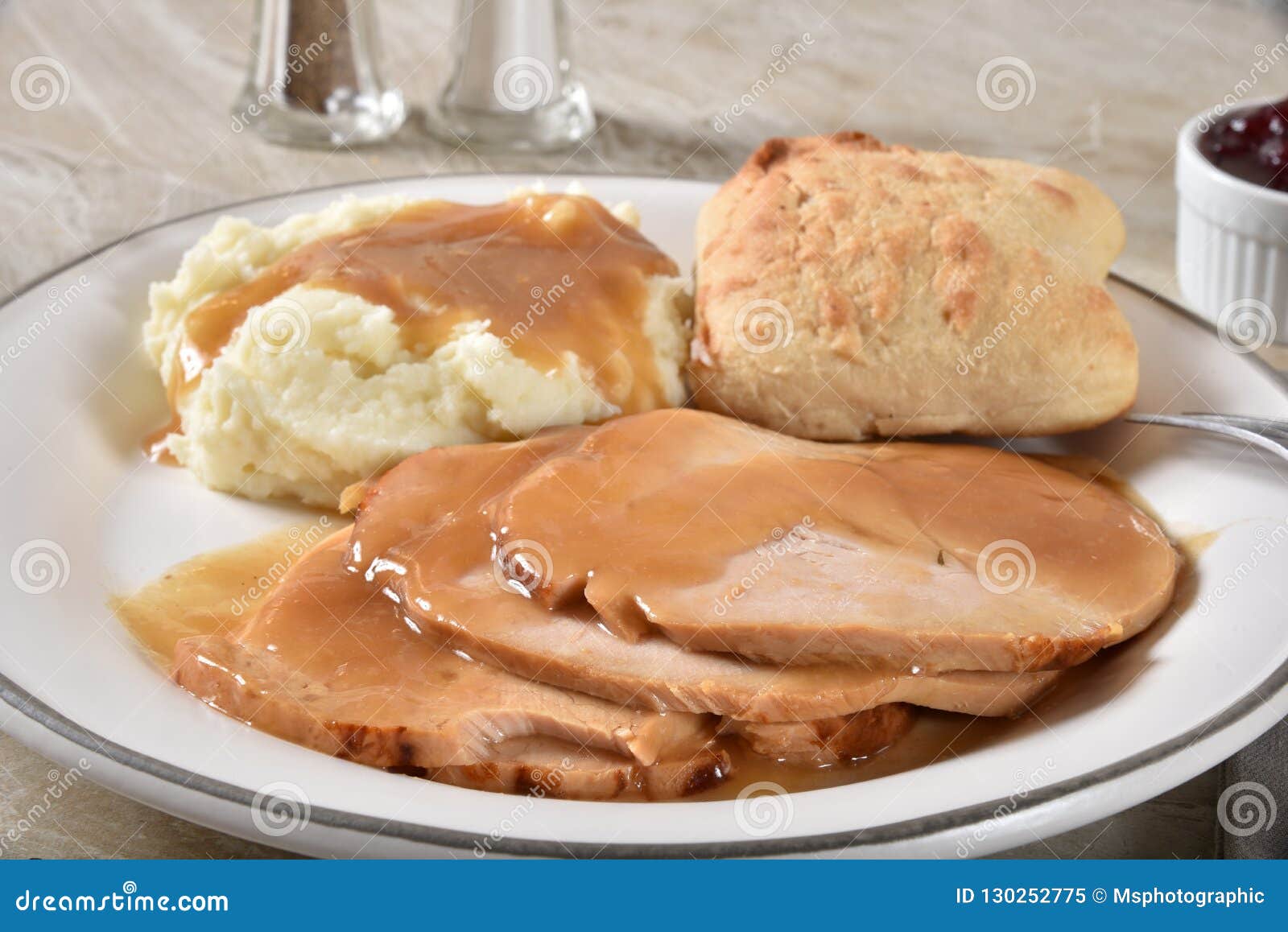 Turkey Dinner with Mashed Potatoes and Gravy Stock Image - Image of