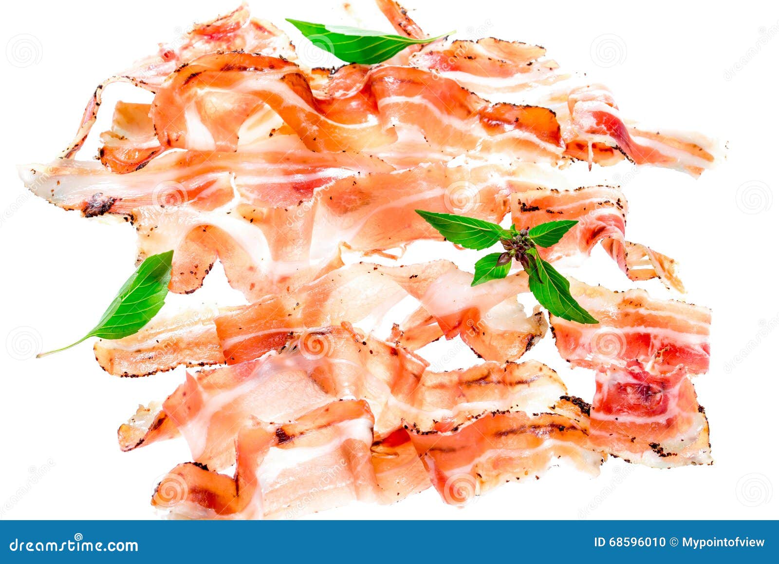 Slices of Bacon with Basil Leaves Isolated on a White Stock Photo
