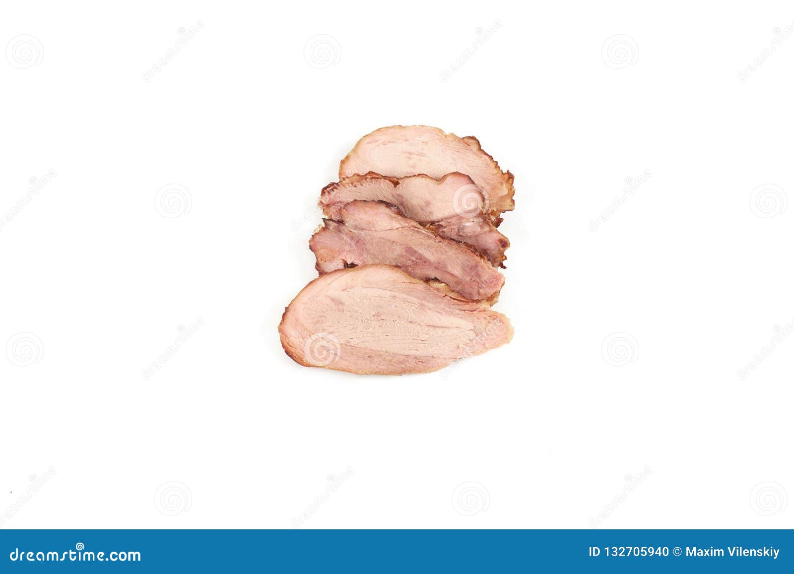 Slices of Baked Turkey Meat, Isolated on White Background. Stock Photo