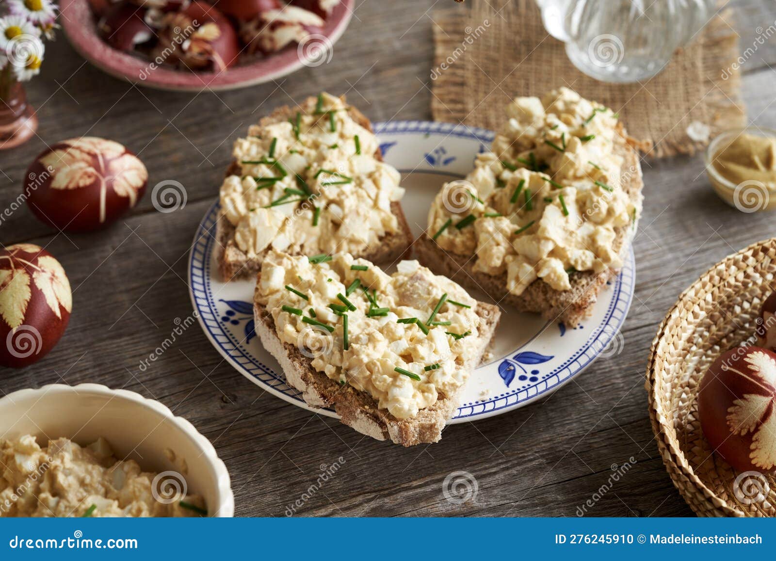 Bread Spread Made from Hardboiled Easter Eggs in Spring Stock Photo
