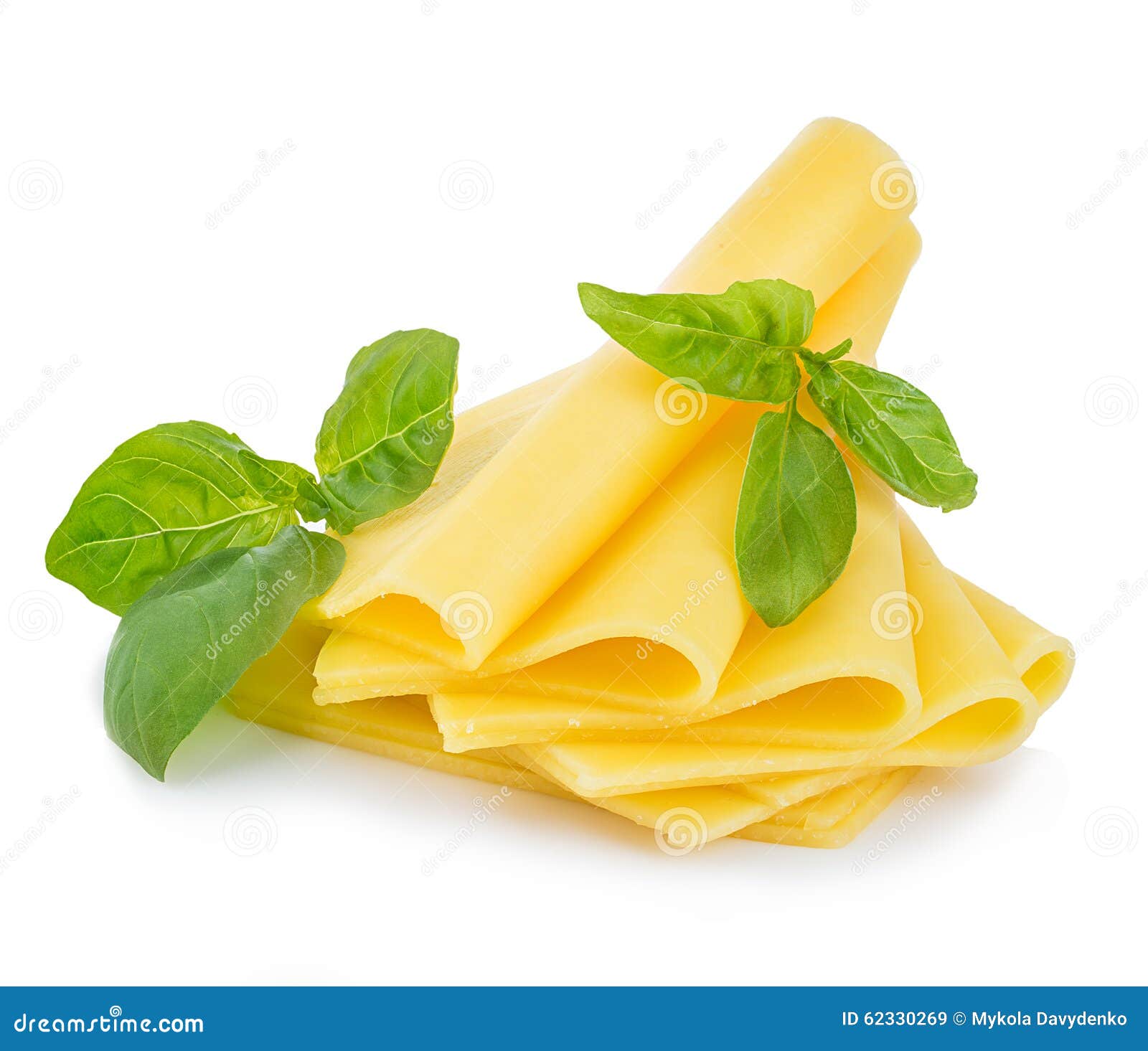 Slices of Cheese with Fresh Basil Leaves Closeup Isolated on White