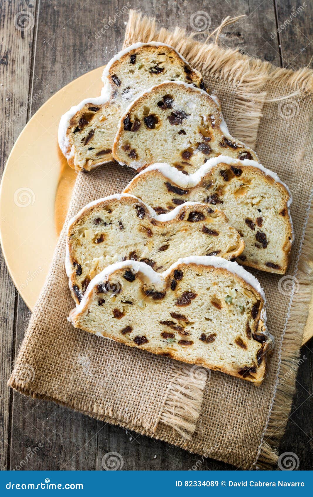 Slices Of Christmas Stollen. Traditional German Christmas Dessert Stock