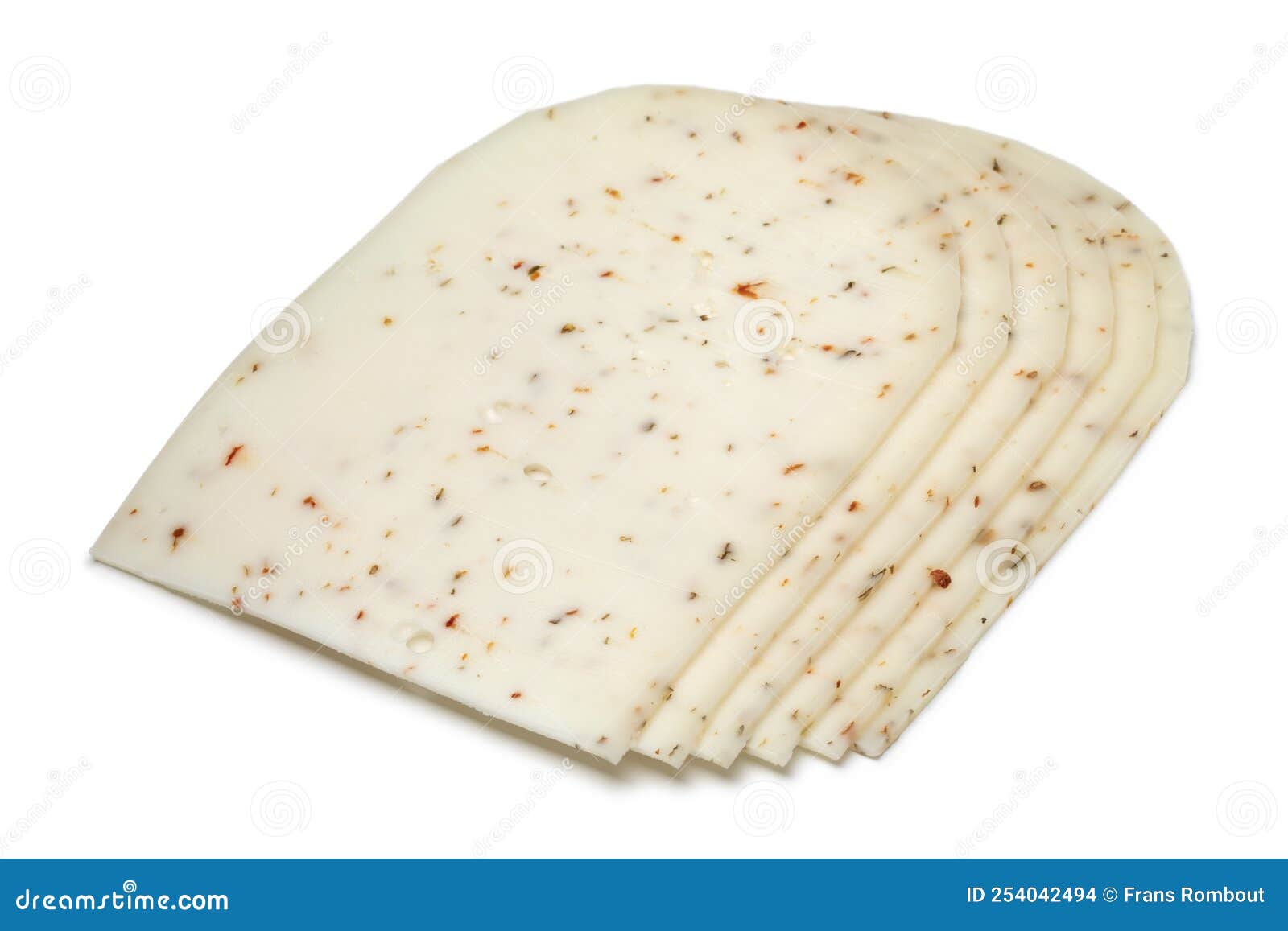 slices dutch goat cheese with italian herbs close up on white background