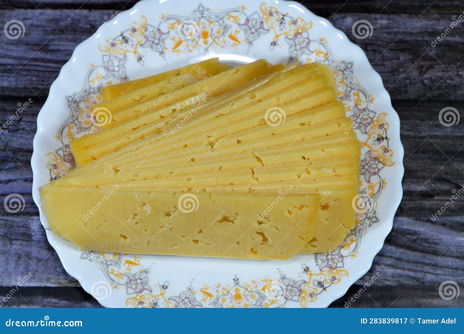 slices of egyptian rumi cheese, also called gebna romiya or gebna turkiya, roumi, romi also romy, middle eastern parmesan hard