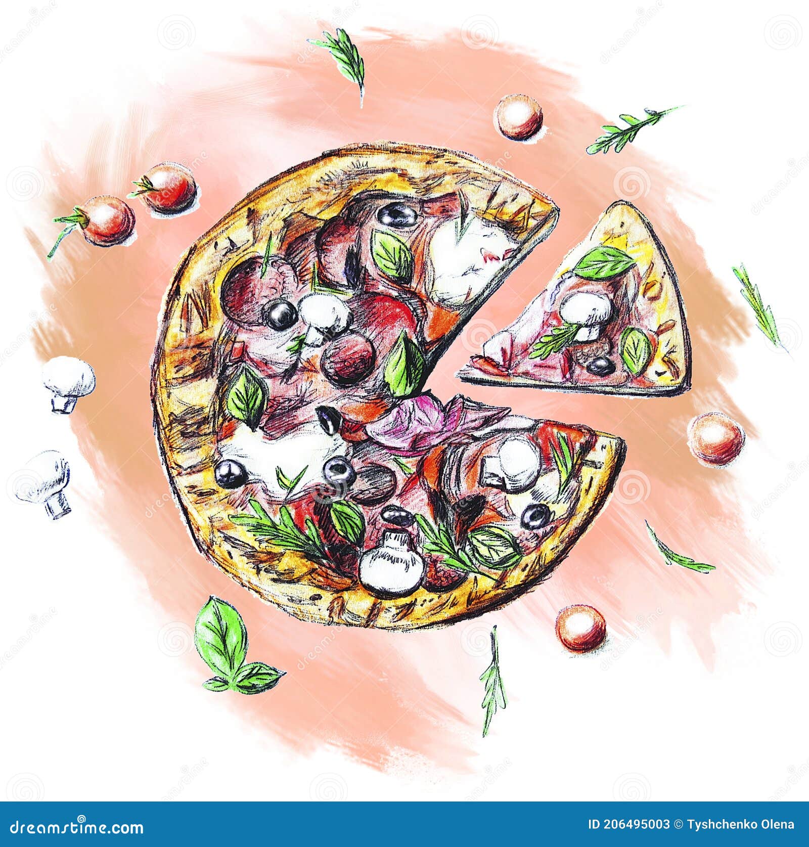 slices of pizza with different toppings and ingradients, top view.