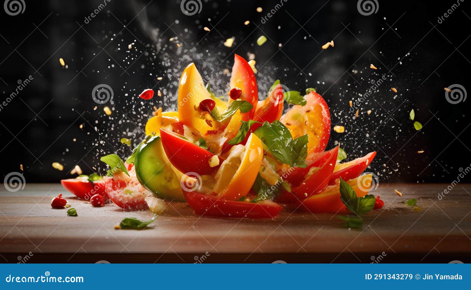 slices of tomato, avocado and mozzarella falling on table.