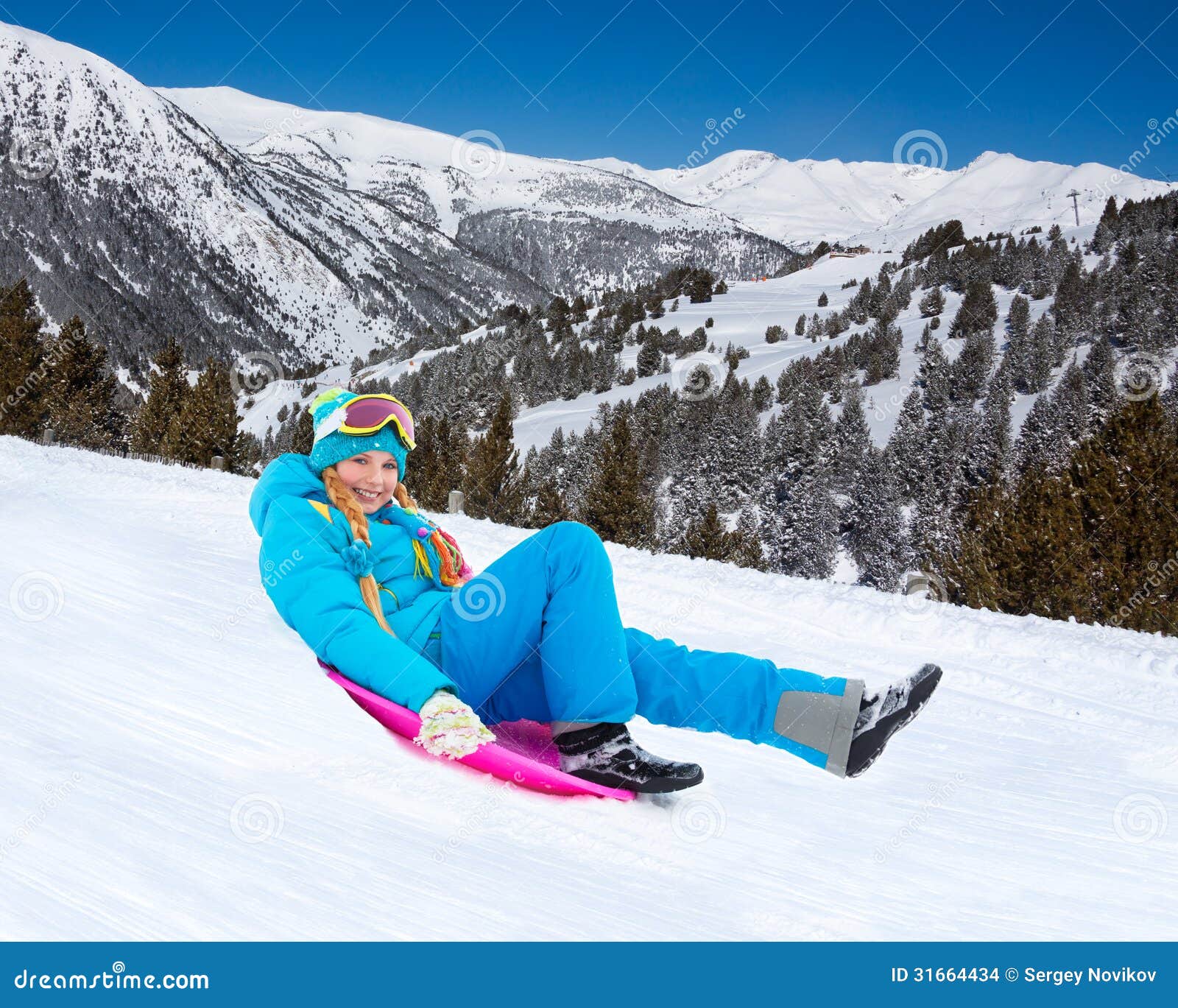 Girls Sliding Down Snowy Mountain On Stock Photo 244669624