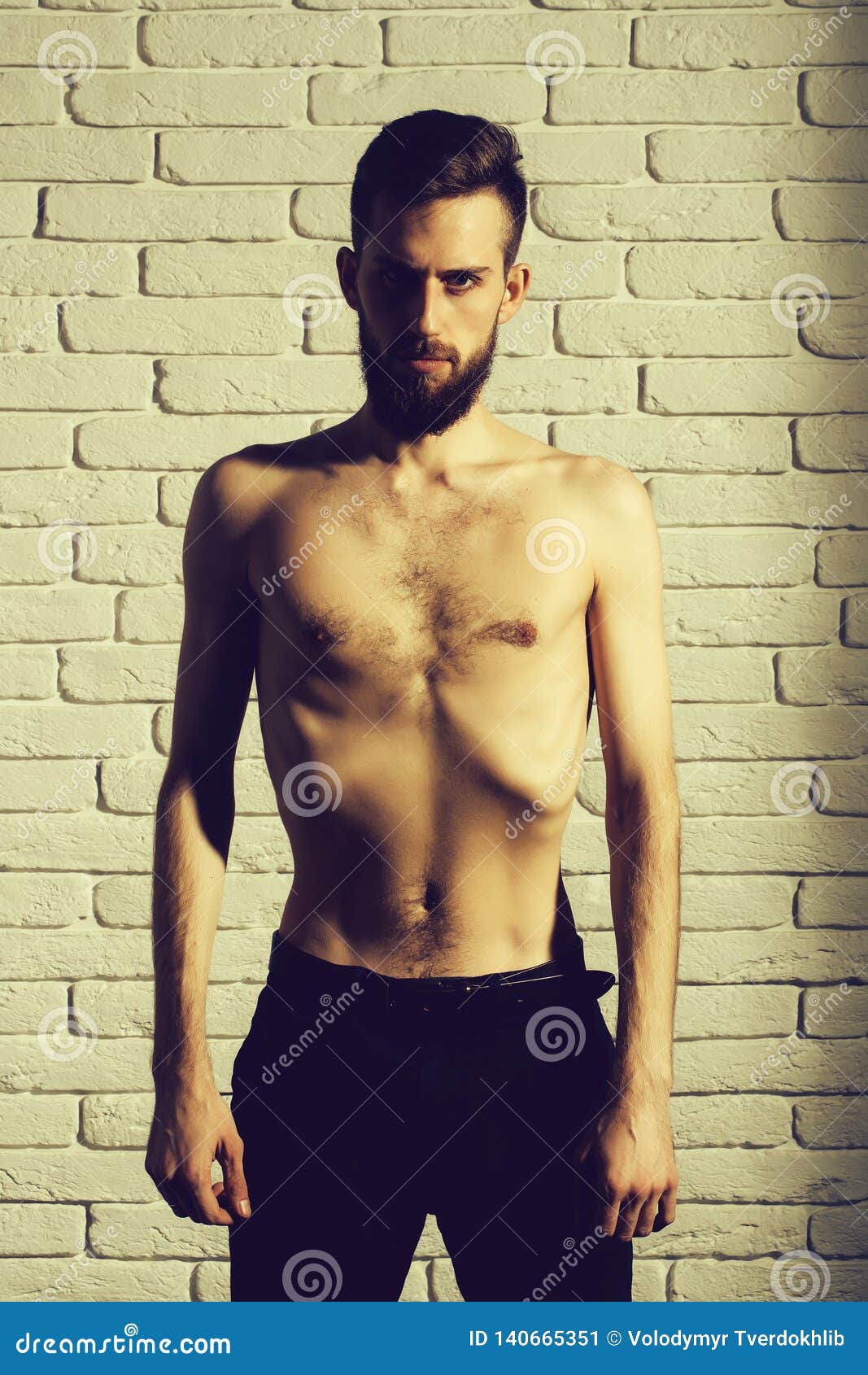 Slim Bearded Man With Thin Bare Torso On Brick Background Stock Image Image Of Fitness Torso