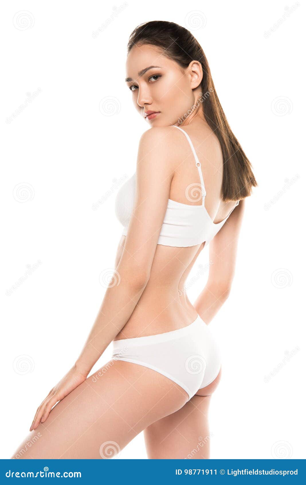 Slim Beautiful Seductive Asian Woman in White Underwear Stock