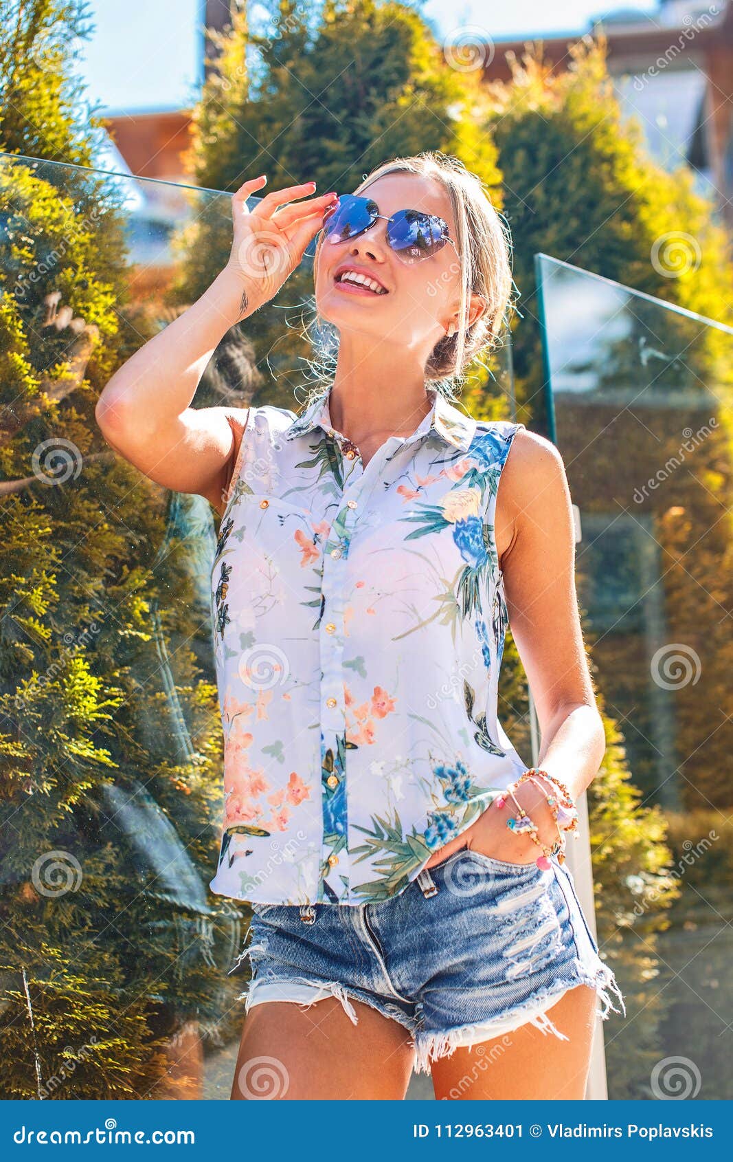 Slim Blond Woman In Jeans Shorts Posing Stock Image Image Of Shorts