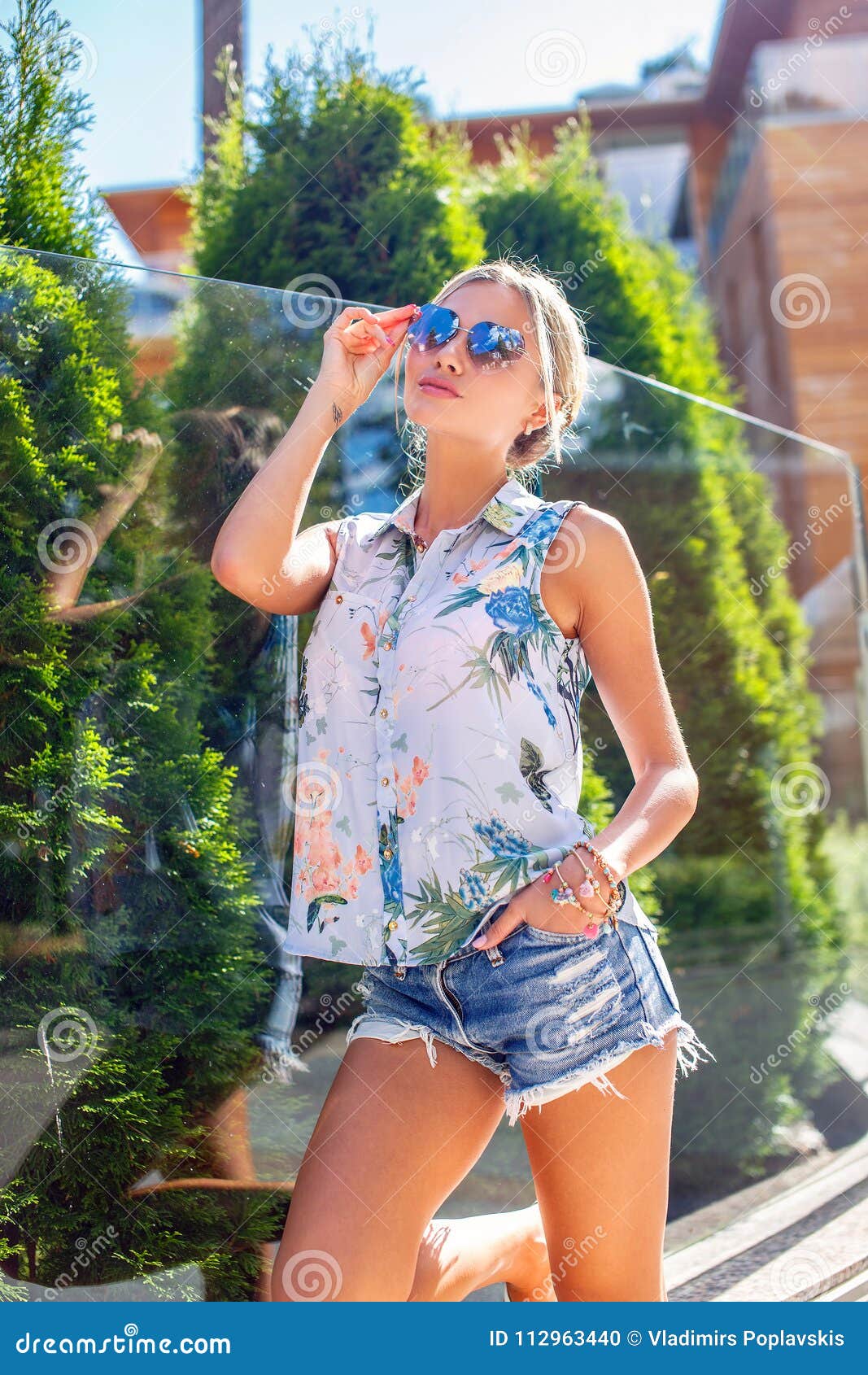 Slim Blond Woman in Jeans Shorts Posing. Stock Photo - Image of outdoor ...