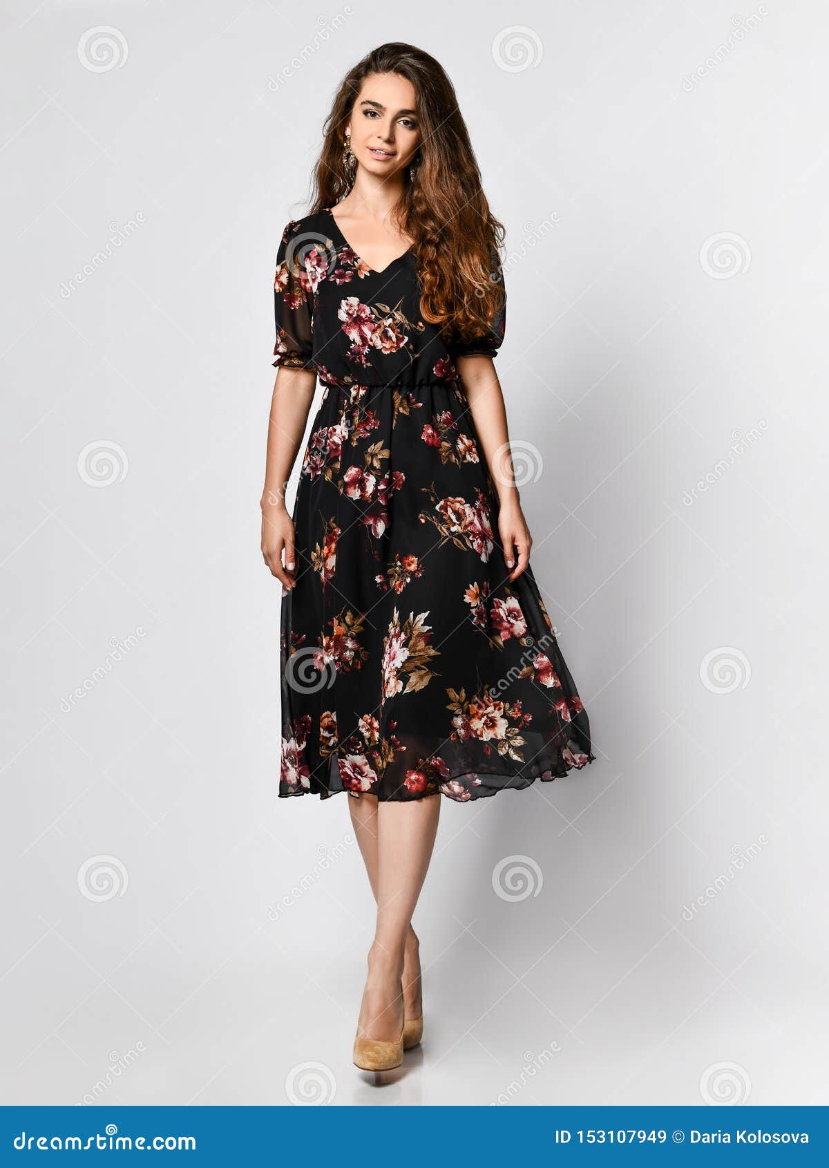 Curly Female Model in a Silk Black Dress Looking at the Camera in Full  Growth. Cute Girl in Romantic Clothes is Going on a Date Stock Image -  Image of femininity, looking: