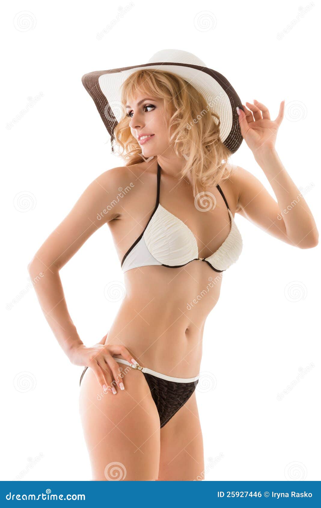 Slim Playful Blonde Girl in Bikini and Hat Stock Photo