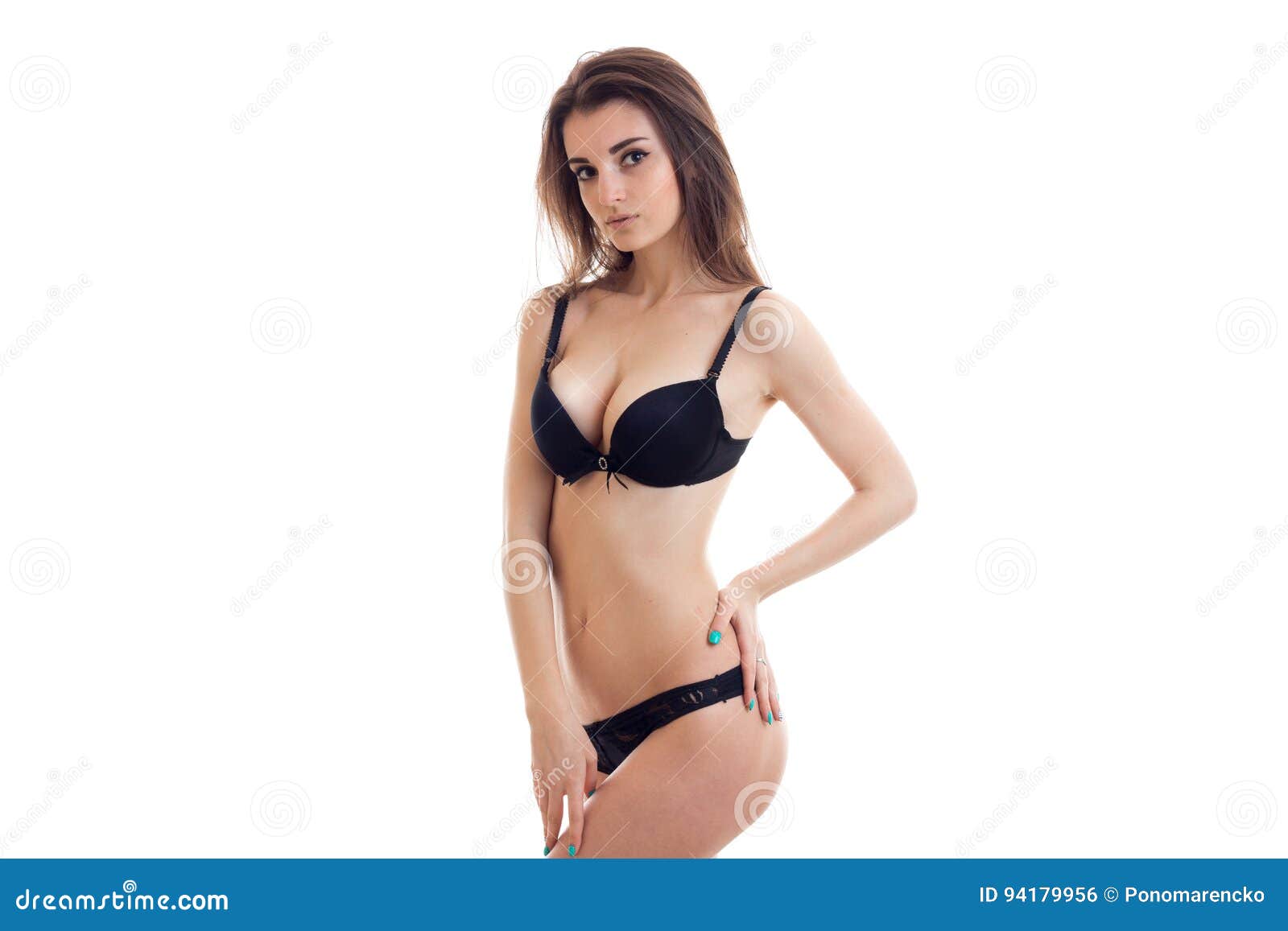 Slim Young Girl with Big Breasts in Black Underwear Looks at the Camera  Stock Photo - Image of feminine, female: 94179956