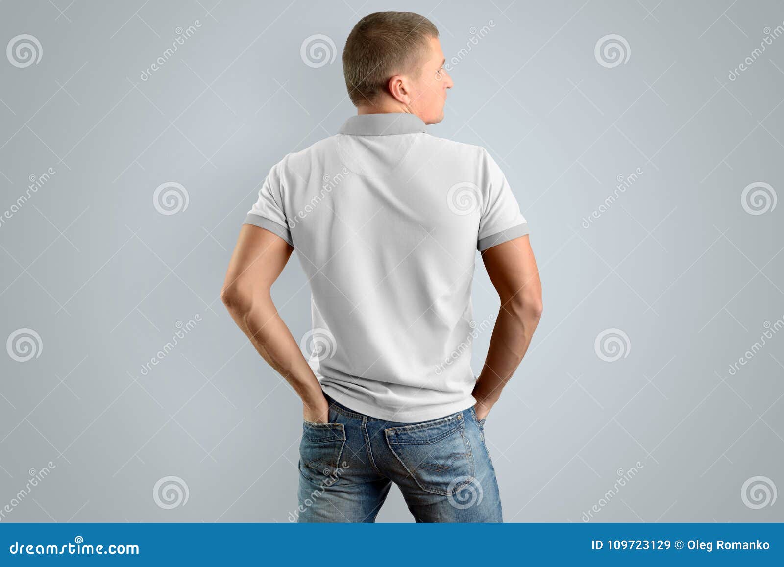 Download Slim Young Man In The White Polo Shirt, View On The Back ...