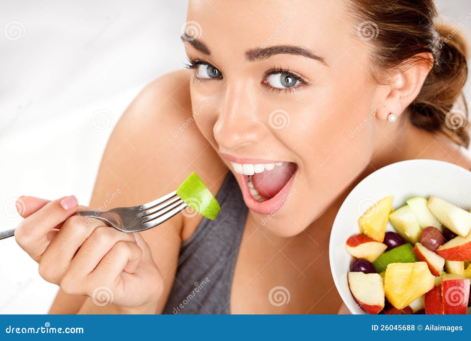 Slim Young Woman Eating Fruit Salad Stock Photo Image of food, dairy
