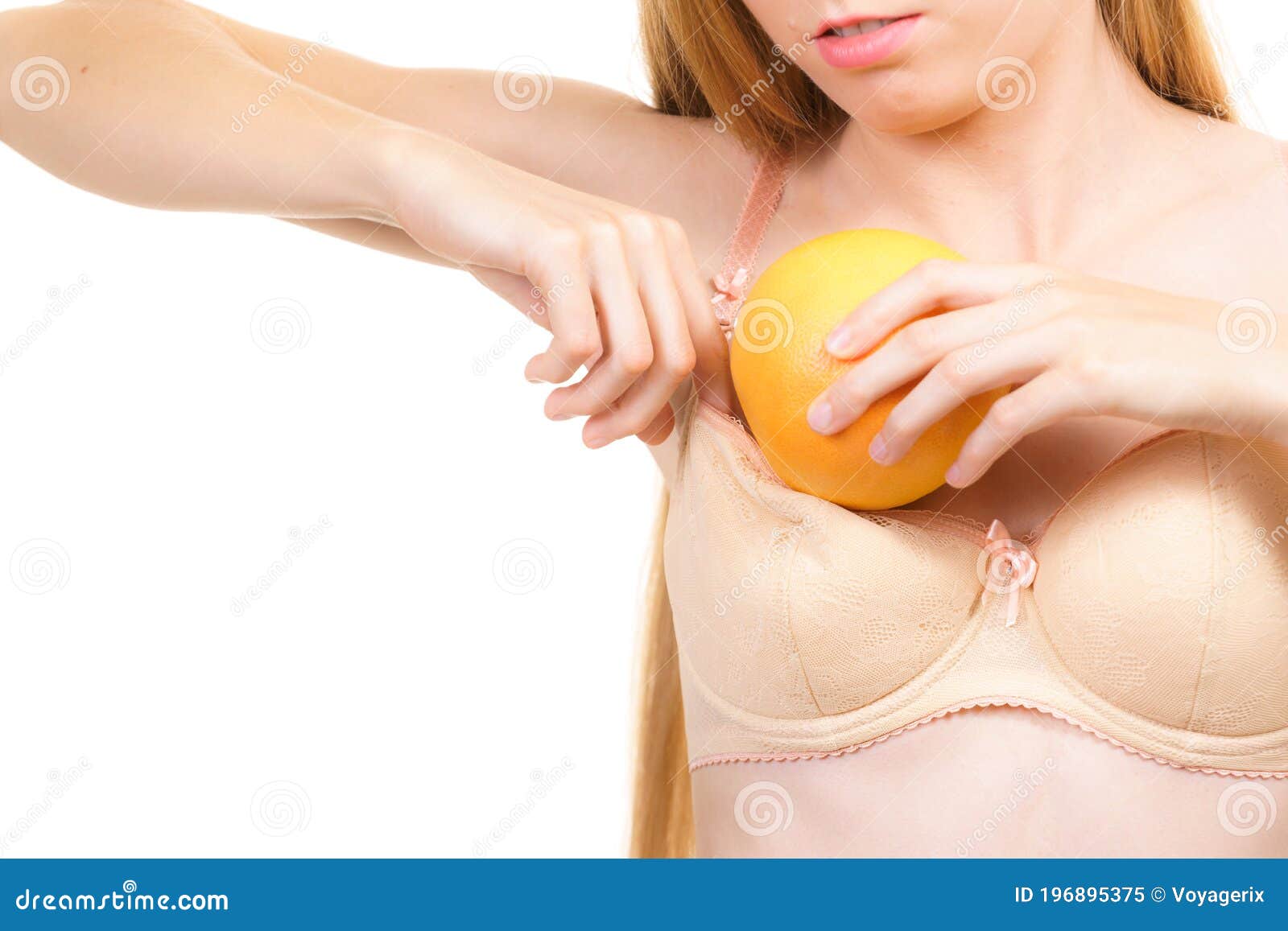 Woman Small Boobs Puts Big Fruit in Her Bra Stock Image - Image of