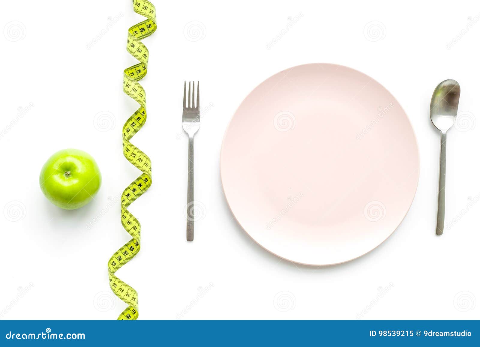 Download Slimming Diet. Empty Plate, Measuring Tape, Apple On White Background Top View Mockup Stock ...