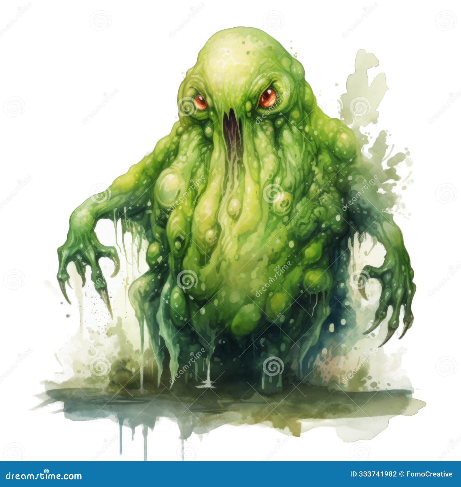 a slimy, green, bipedal monster with red eyes