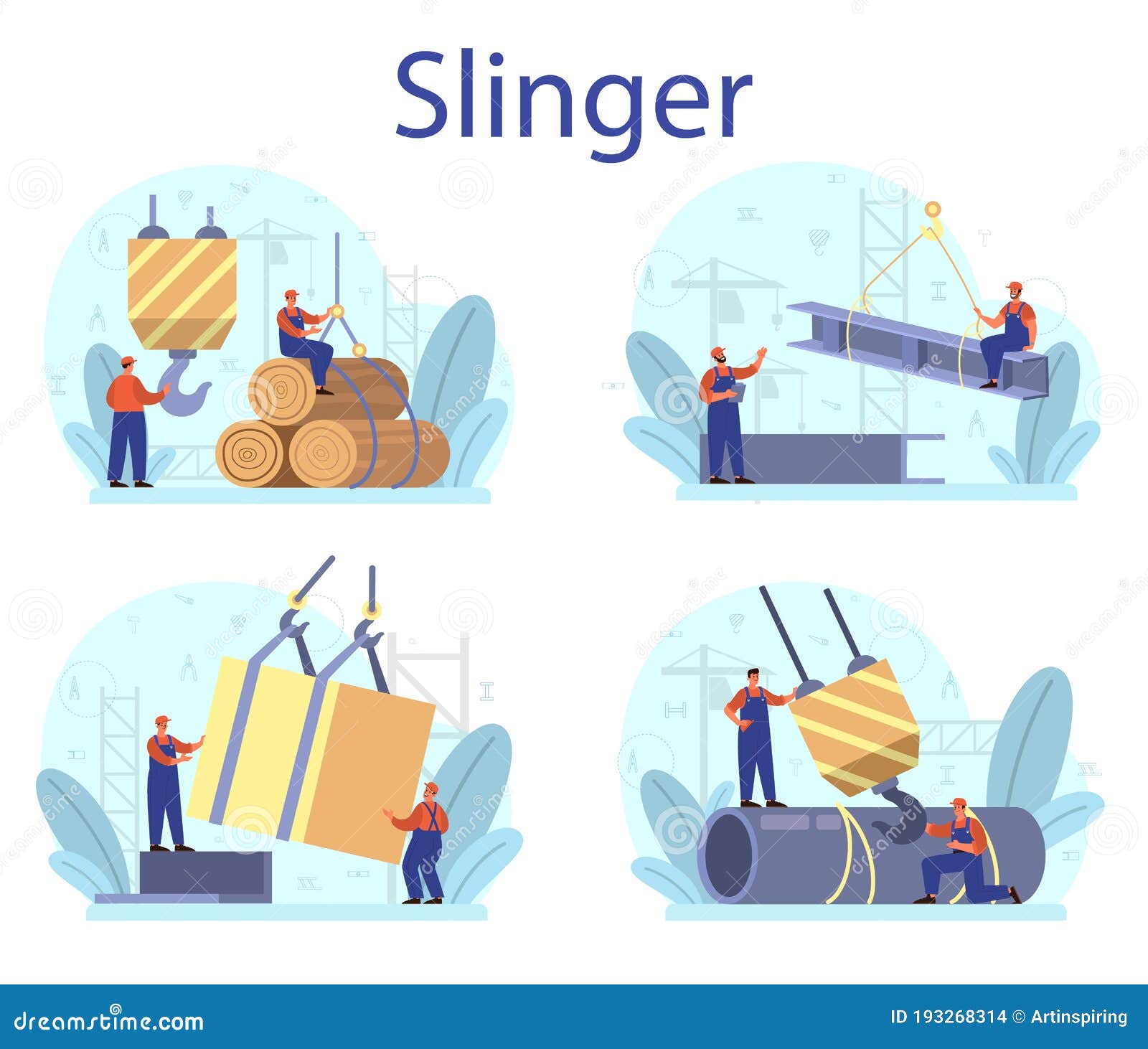 slinger set. professional workers of constructing industry slinging