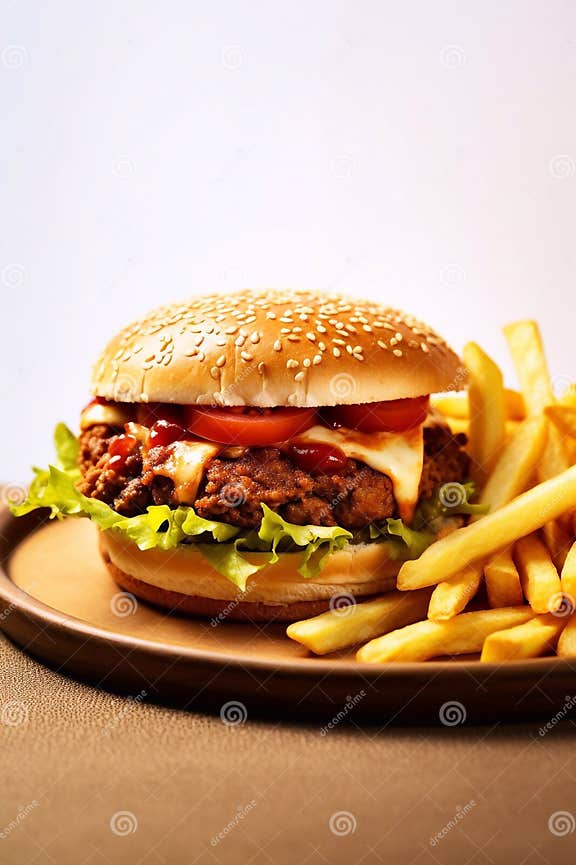 Sloppy Joe Burger with French Fries on a Plate Stock Illustration ...