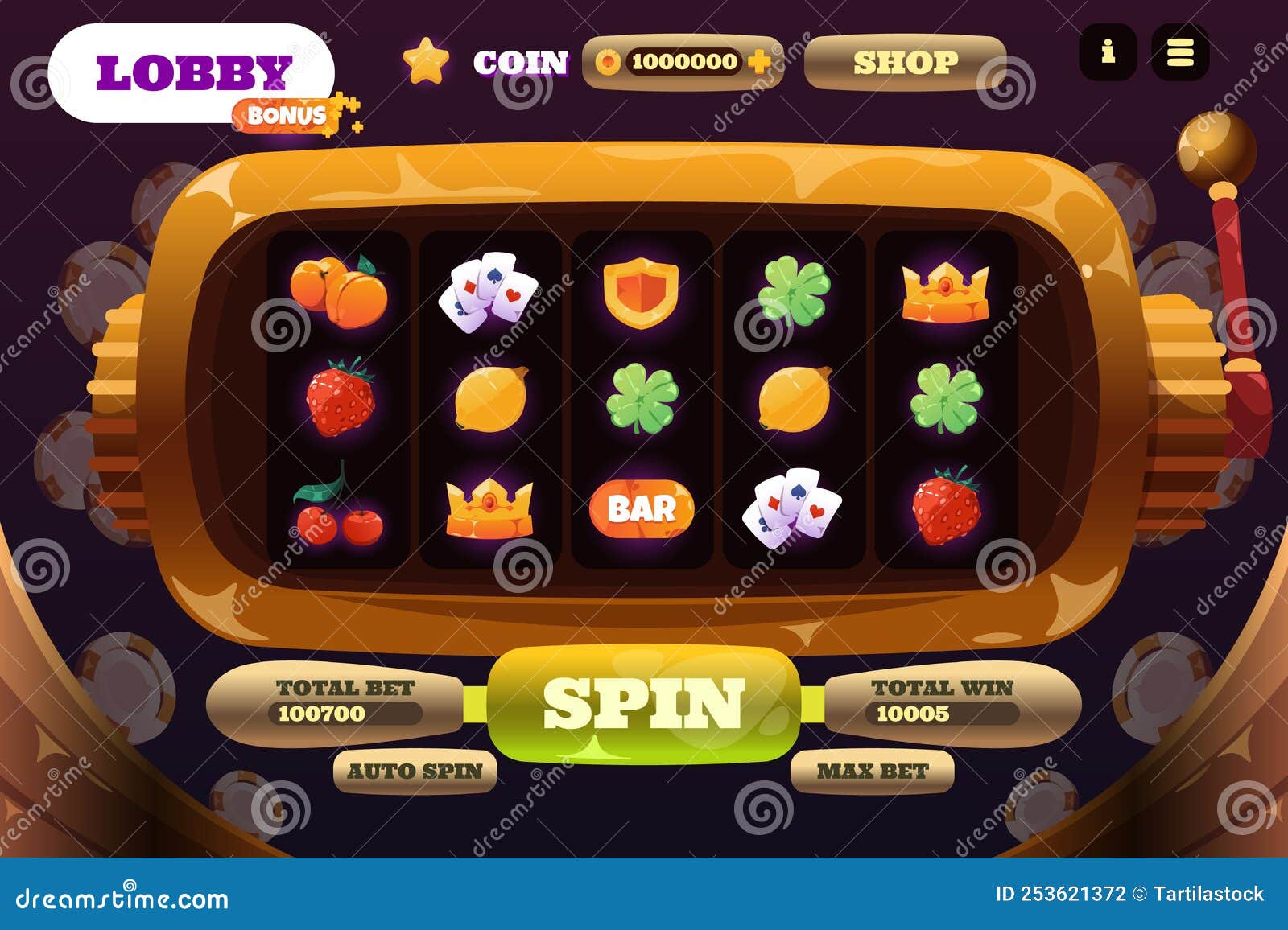 Slot Machine Game. Cartoon Online Casino Web App UI, Gamble Game Screen  with Interface Elements and Cartoon Colorful Stock Vector - Illustration of  sign, machine: 253621372