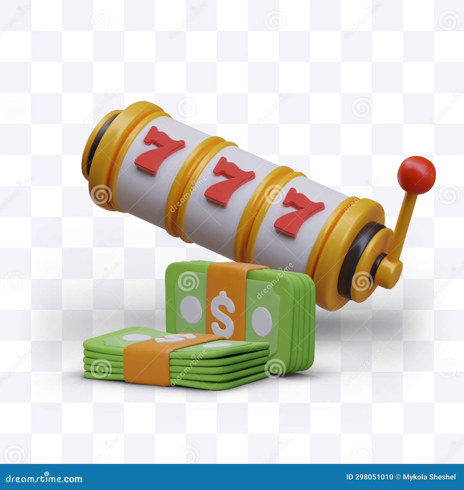 Slot Machine with Handle and Three Sevens, Stacks of Green Banknotes
