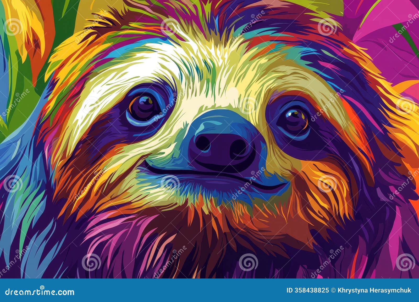 sloth , bold colors, graphic , stylized animal portrait, unique art style on a ai ganerated