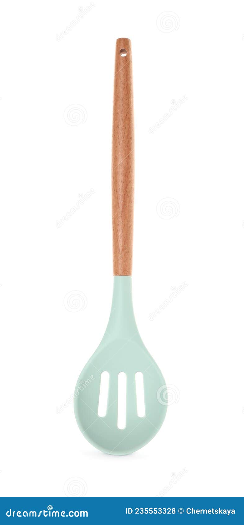 Slotted Spoon with Wooden Handle Isolated on White. Kitchen Utensil