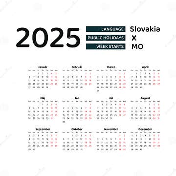 Slovakia Calendar 2025. Week Starts from Monday. Vector Graphic Design