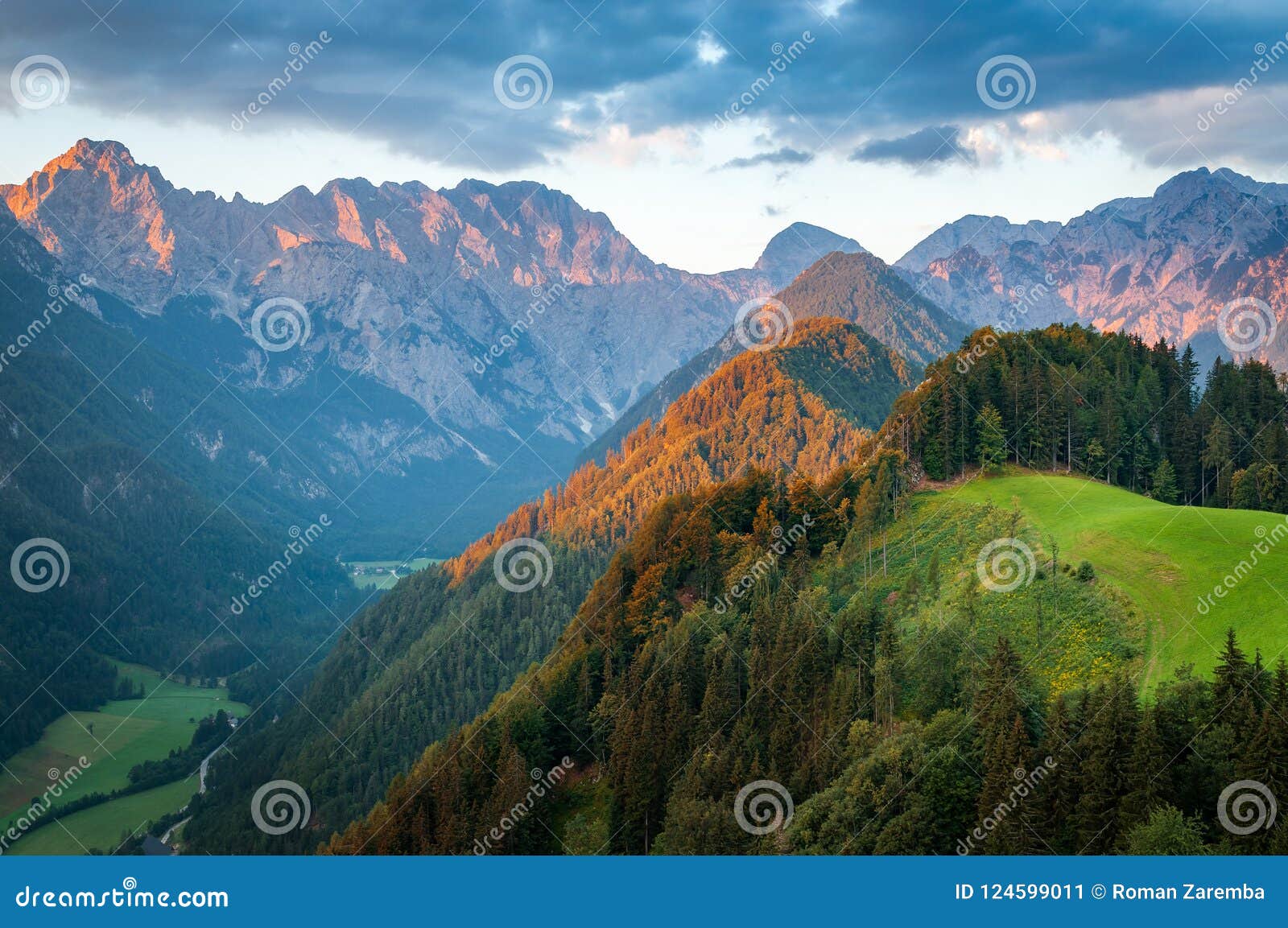 slovenian alps at sunrise, logar valley