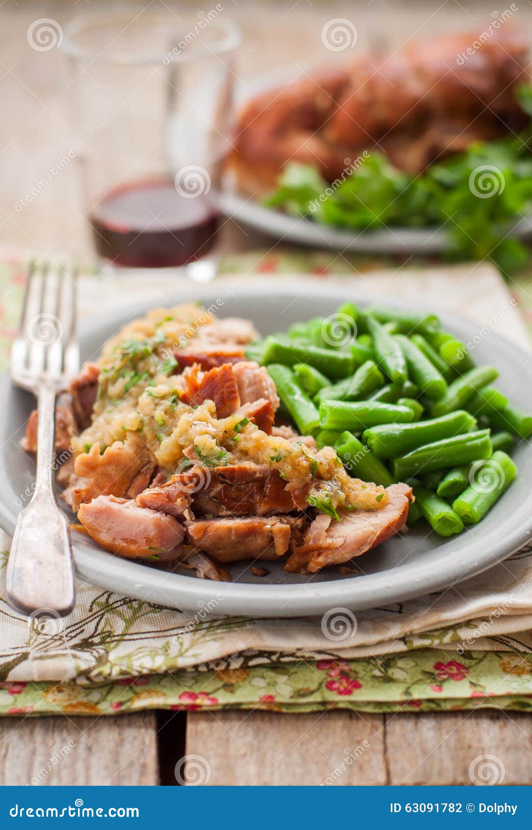 Slow Cooked Pork with Apple Sauce and Green Beans Stock Photo Image