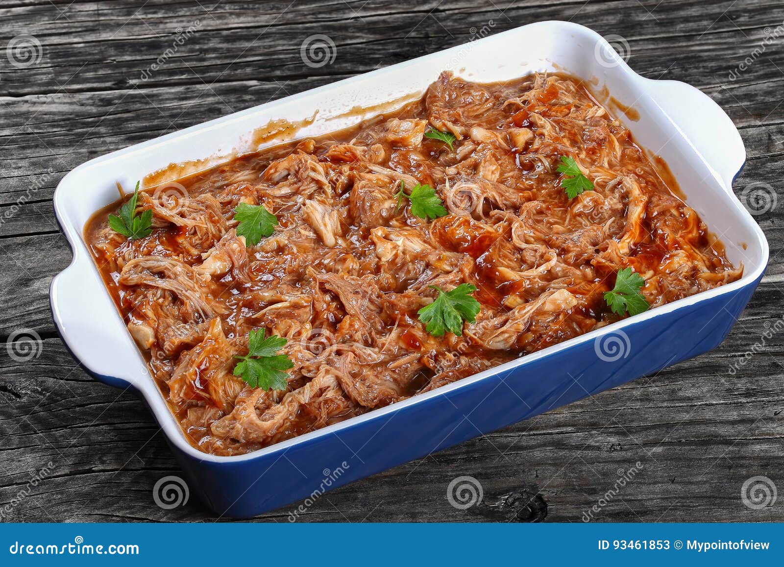 slow cooked pulled meat, top view