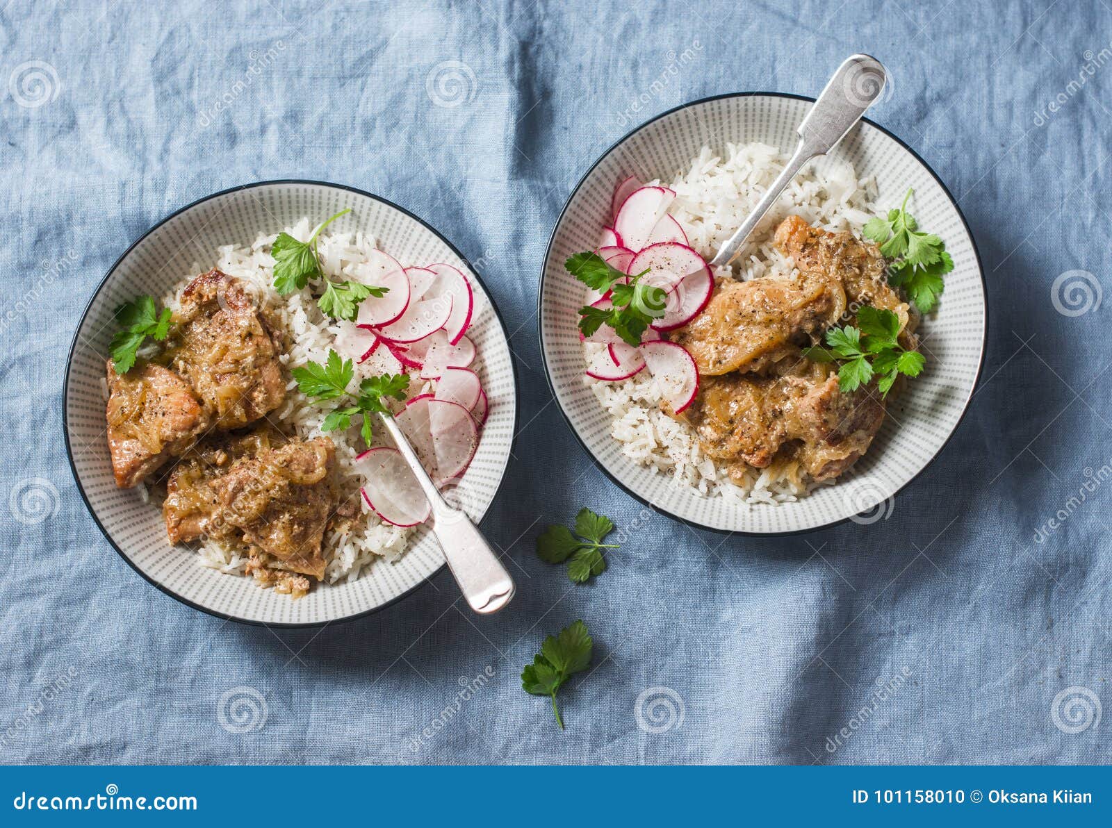 Slow Cooker Pork Tenderloin with Rice Pilaf and Radish Salad on a Blue